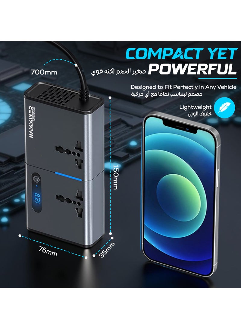 HAMMINER 200W Car Power Inverter DC 12V To 220V AC Car Inverter With 2 USB & 2 Type-C & 2 AC Outlets For Laptop Car Plug Adapter Car Power Inverter Car Charger Fast Charger LED Display Cigarette Lighter Connector, Perfect For Cars, SUVs & Trucks - Image 4